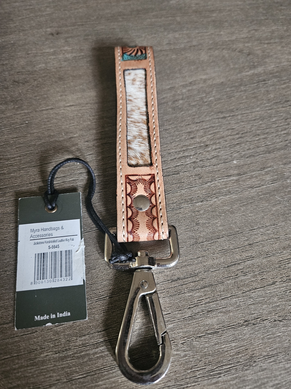 Myra Bag-Leather Tan & Hair-on Key Fob Wristlet with Silver Clip-NWT